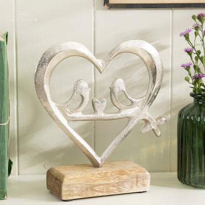 Silver Heart and Love Birds Ornament on Wooden Base