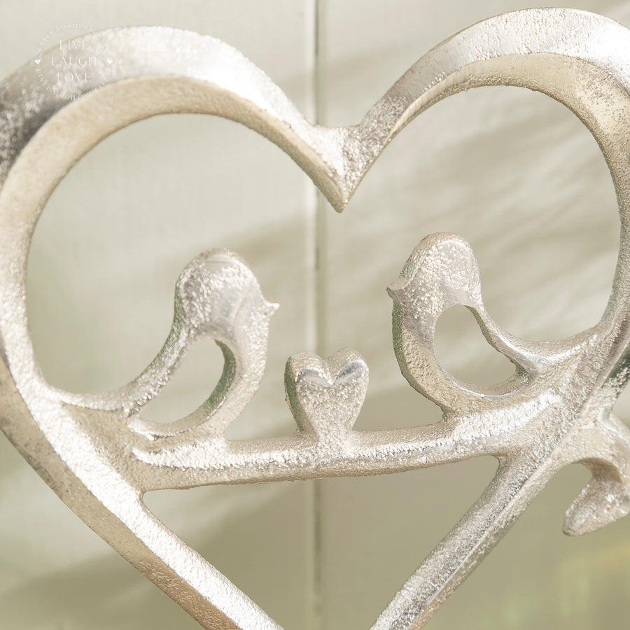 Silver Heart and Love Birds Ornament on Wooden Base