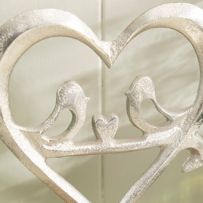Silver Heart and Love Birds Ornament on Wooden Base