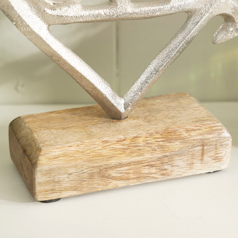 Silver Heart and Love Birds Ornament on Wooden Base