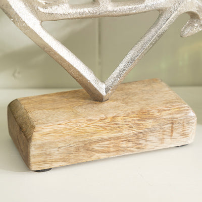 Silver Heart and Love Birds Ornament on Wooden Base