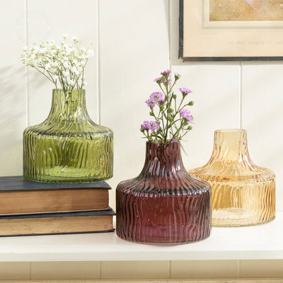 Set of 3 Ribbed Glass Vases - Multicolor Decorative Vase Set