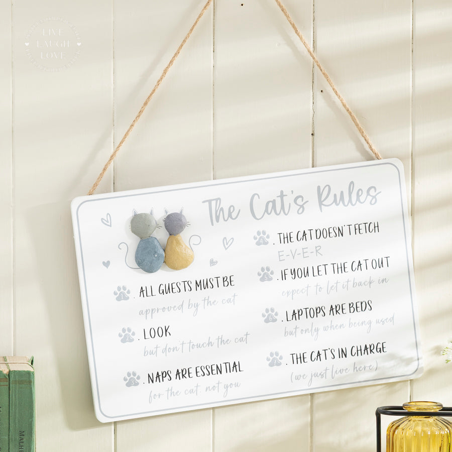 Cat Rules Fun Wall Plaque with Pebbles and Heart Detail