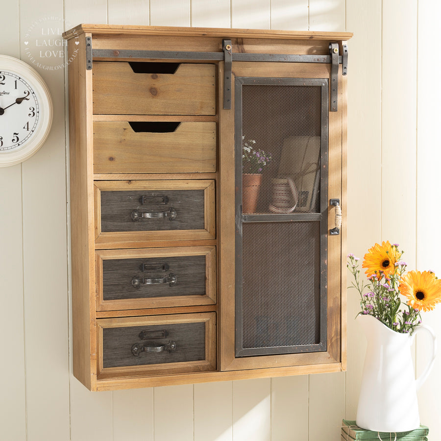 Vintage Industrial-Chic Wall Unit With Sliding Door