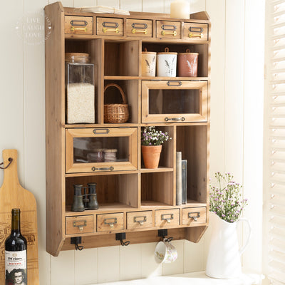 Rustic Wooden Wall Storage Unit with Hooks Drawers and Compartments