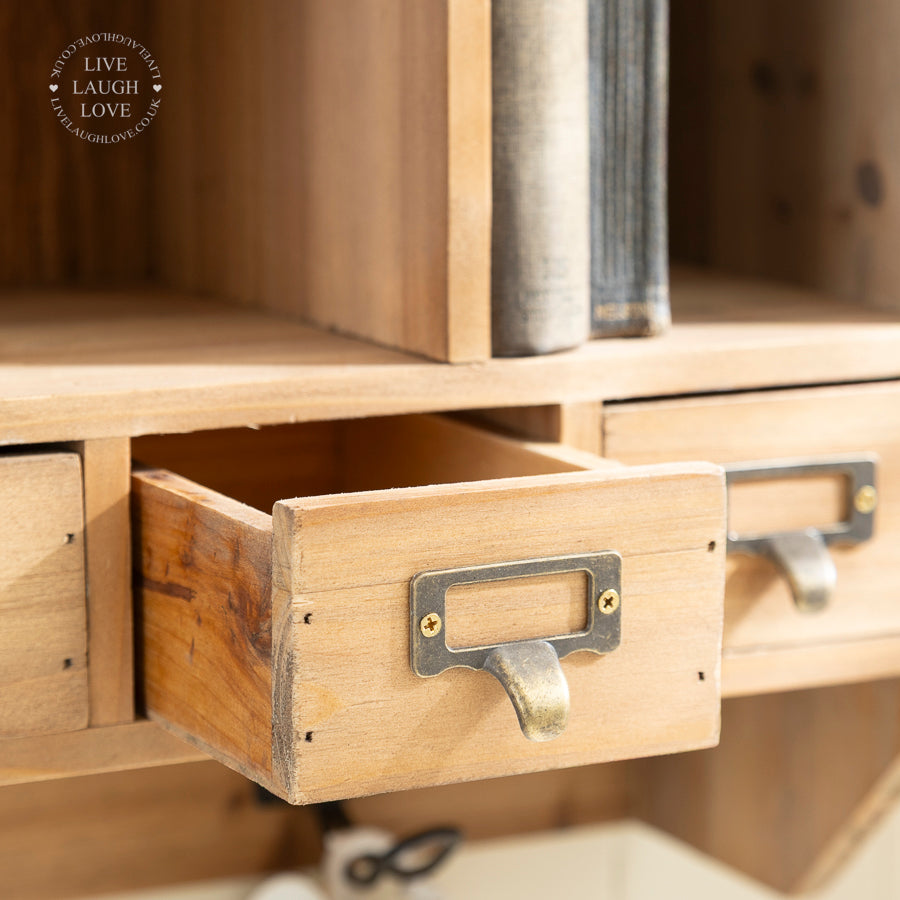 Rustic Wooden Wall Storage Unit with Hooks Drawers and Compartments