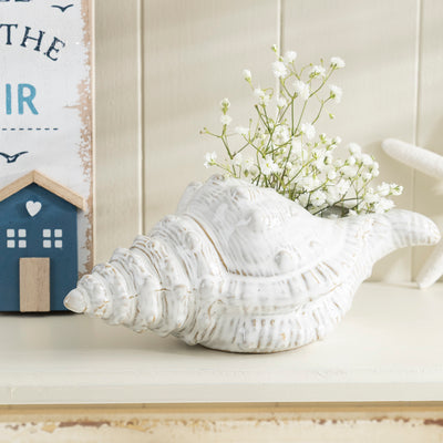 White Ceramic Conch Vase - Coastal Nautical Home Decor