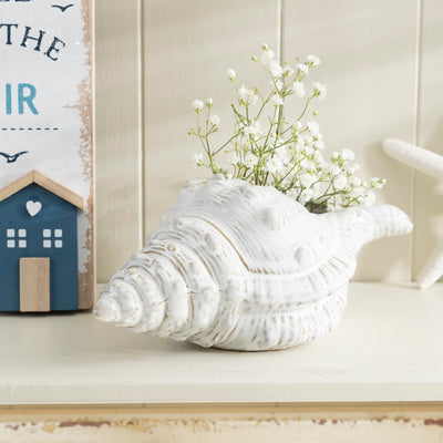 White Ceramic Conch Vase - Coastal Nautical Home Decor