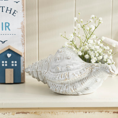 White Ceramic Conch Vase - Coastal Nautical Home Decor