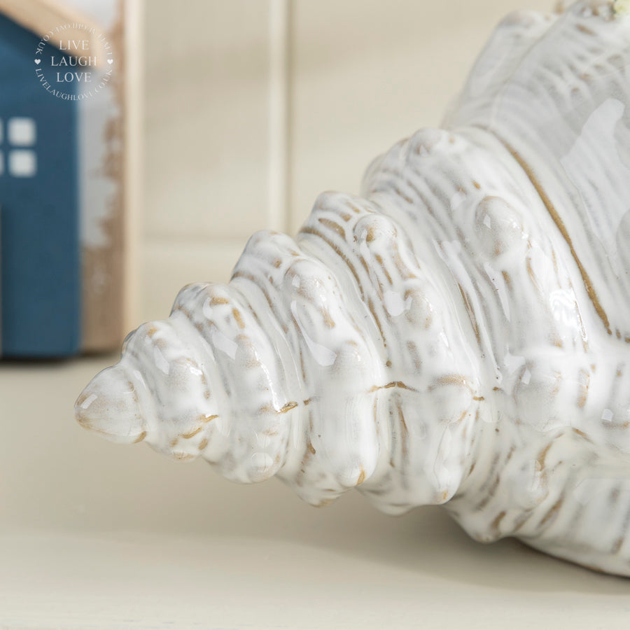 White Ceramic Conch Vase - Coastal Nautical Home Decor