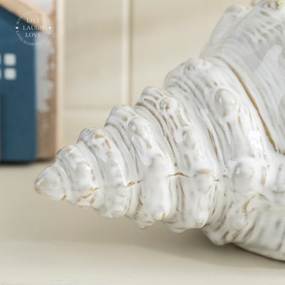 White Ceramic Conch Vase - Coastal Nautical Home Decor