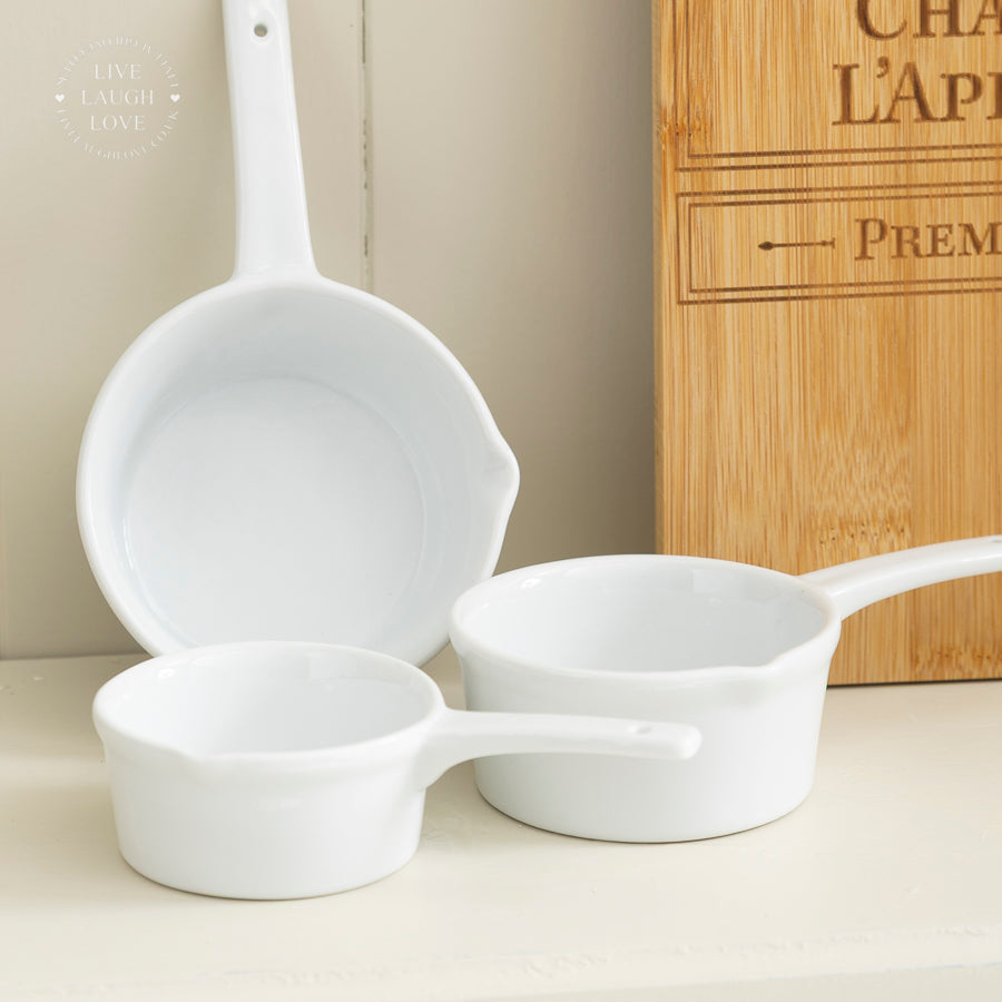 Set of 3 White Porcelain Sauce Pan Dishes - Elegant Mini Serveware