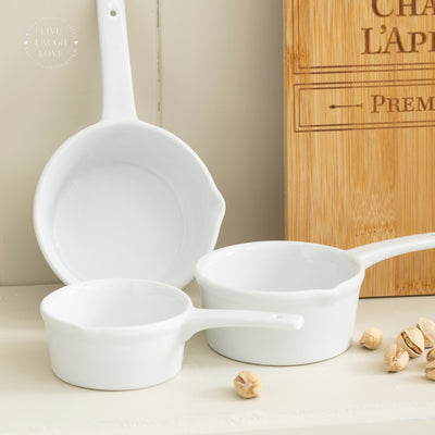 Set of 3 White Porcelain Sauce Pan Dishes - Elegant Mini Serveware