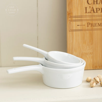 Set of 3 White Porcelain Sauce Pan Dishes - Elegant Mini Serveware