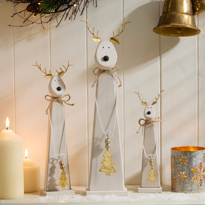 Rustic Wooden Reindeer Ornaments with Antler Detail - Festive Shelf Sitter