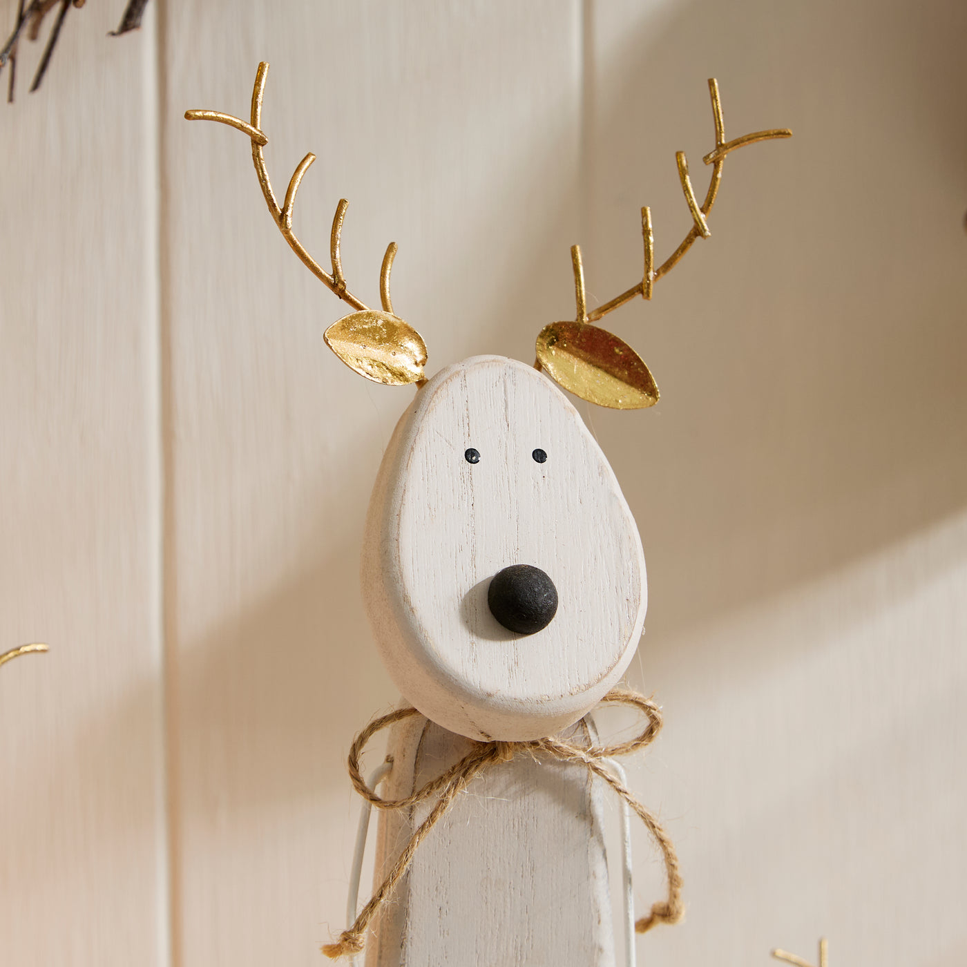 Rustic Wooden Reindeer Ornaments with Antler Detail - Festive Shelf Sitter