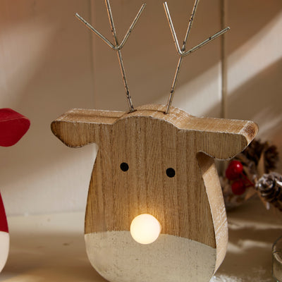 Light-Up Wooden Reindeer Head Ornament – Festive Christmas Shelf Sitter