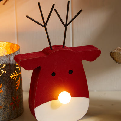 Light-Up Wooden Reindeer Head Ornament – Festive Christmas Shelf Sitter
