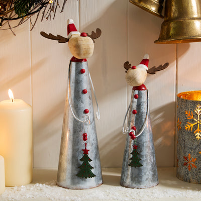 Metal and Wood Reindeer Ornament with Santa Hat