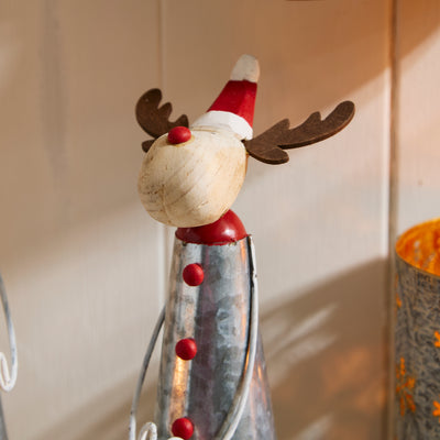 Metal and Wood Reindeer Ornament with Santa Hat