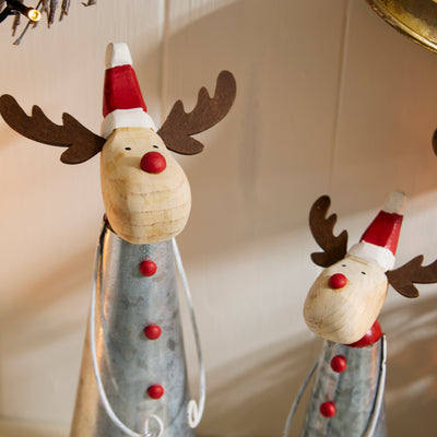 Metal and Wood Reindeer Ornament with Santa Hat
