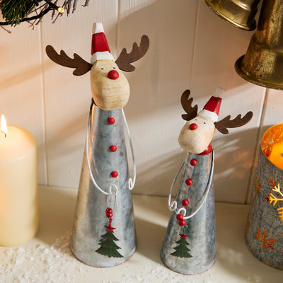Metal and Wood Reindeer Ornament with Santa Hat