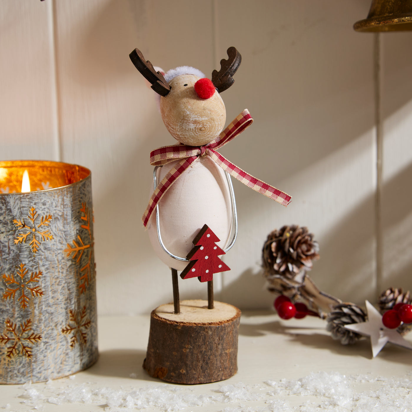 Standing Reindeer Ornament with Santa Hat and Tree