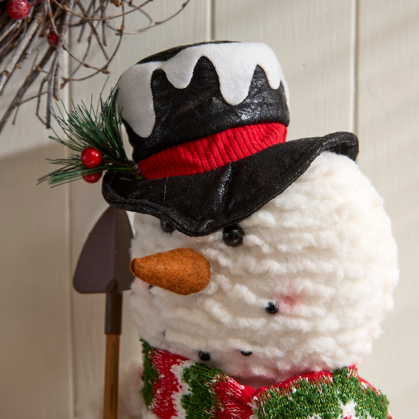 Standing Festive Snowman with Scarf and Shovel