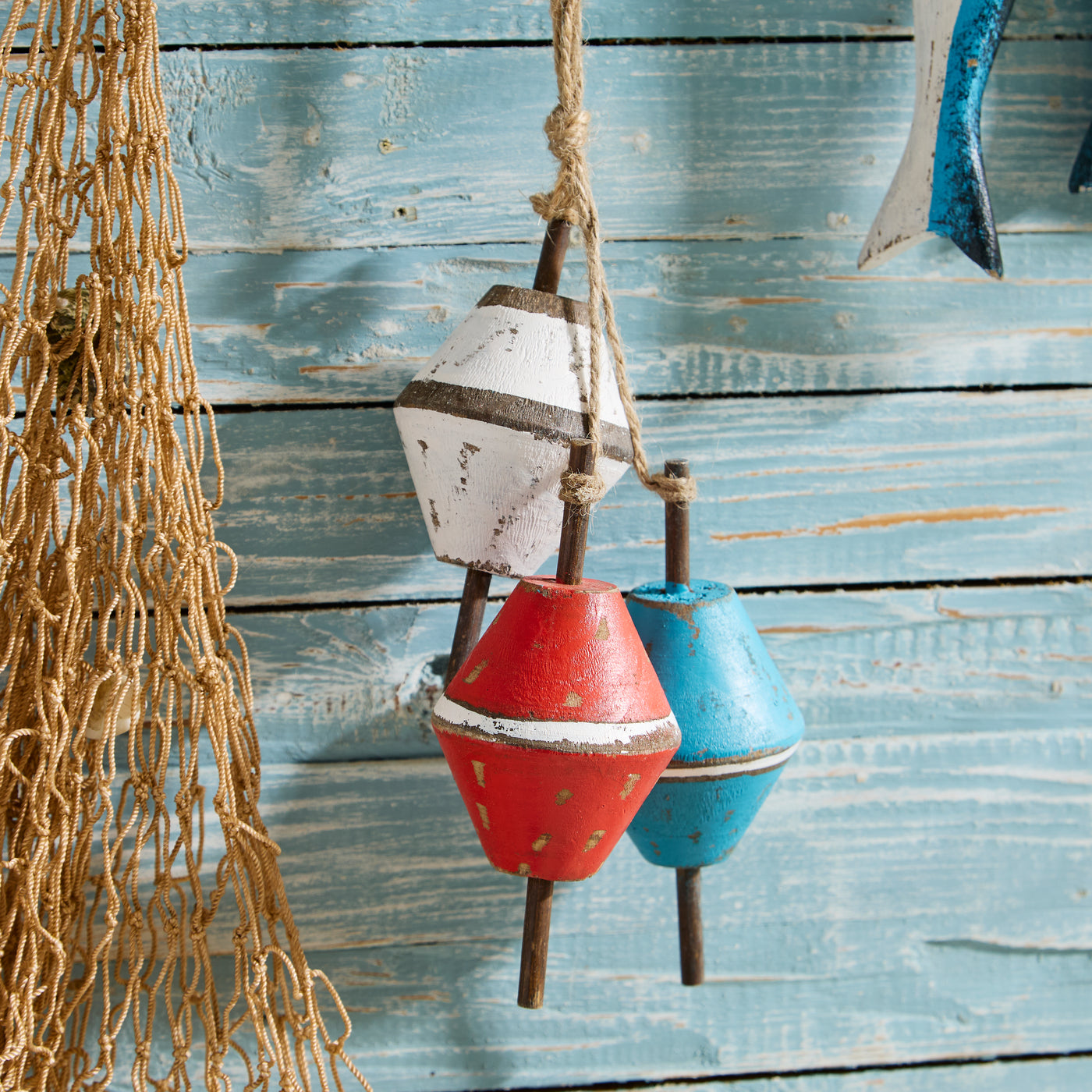 Nautical Hanging Buoy Float Trio – Red, White & Blue Rustic Decor