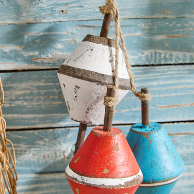 Nautical Hanging Buoy Float Trio – Red, White & Blue Rustic Decor