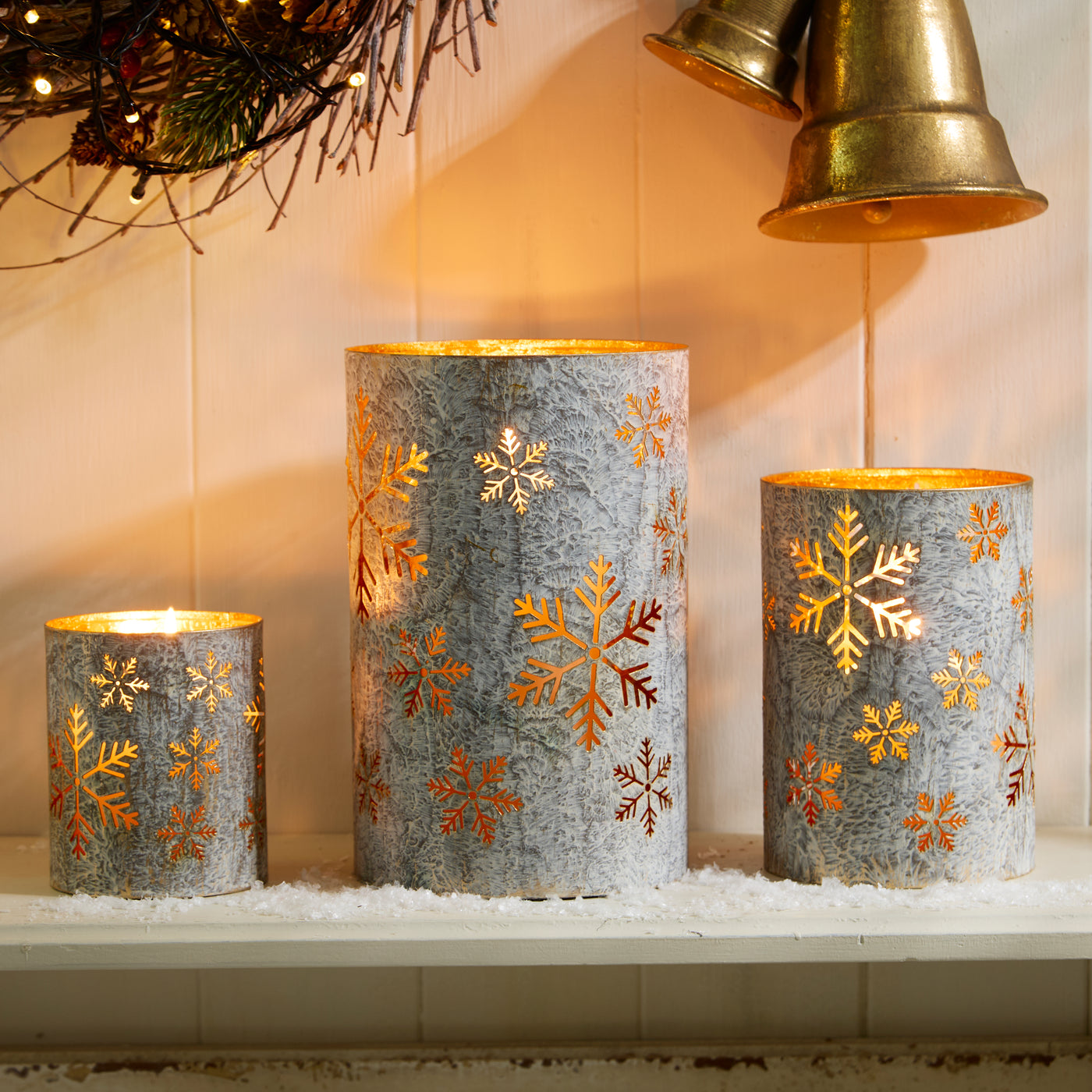 Rustic Gold Snowflake Lantern with Whitewash Finish