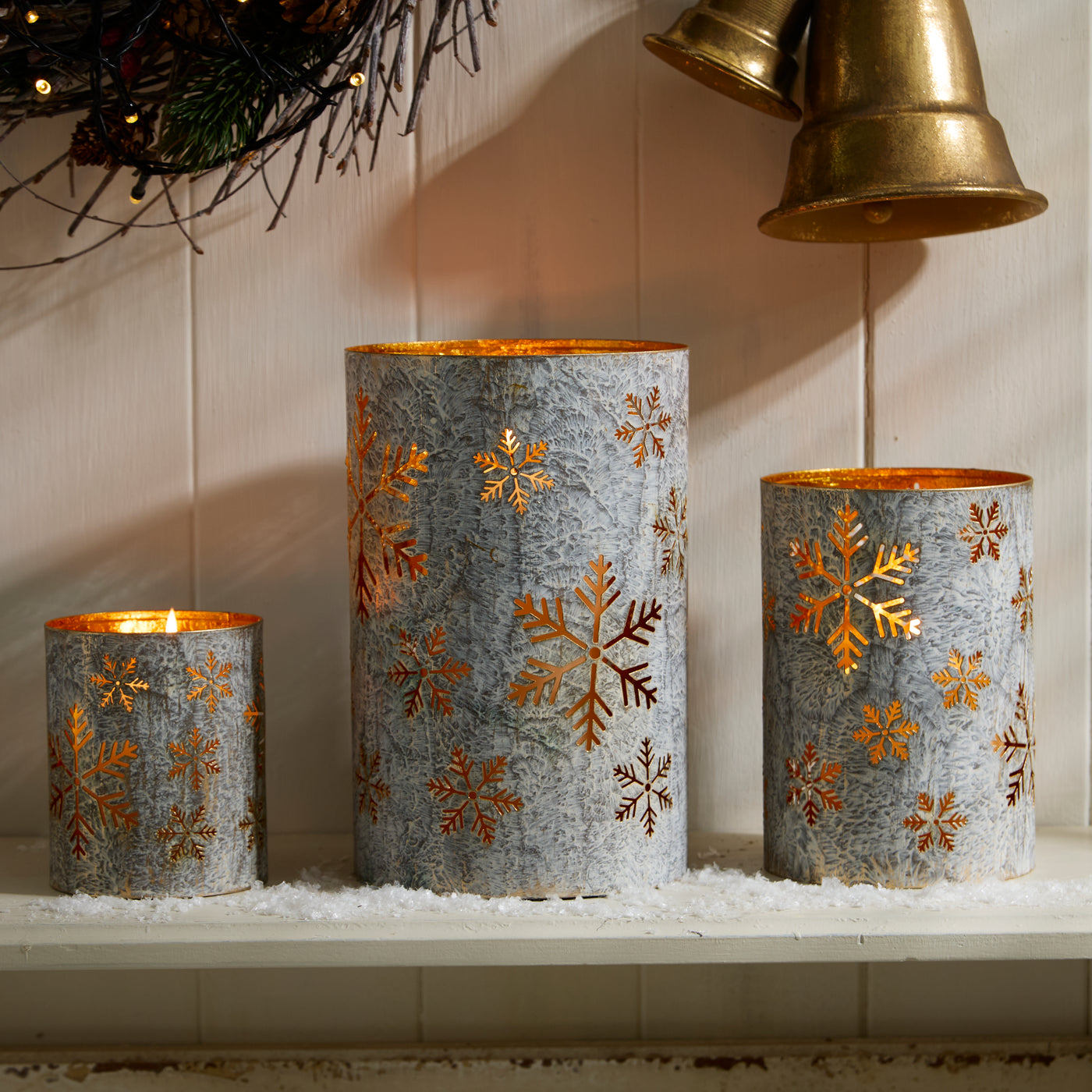 Rustic Gold Snowflake Lantern with Whitewash Finish