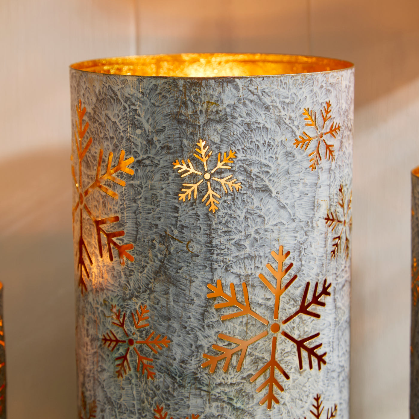 Rustic Gold Snowflake Lantern with Whitewash Finish