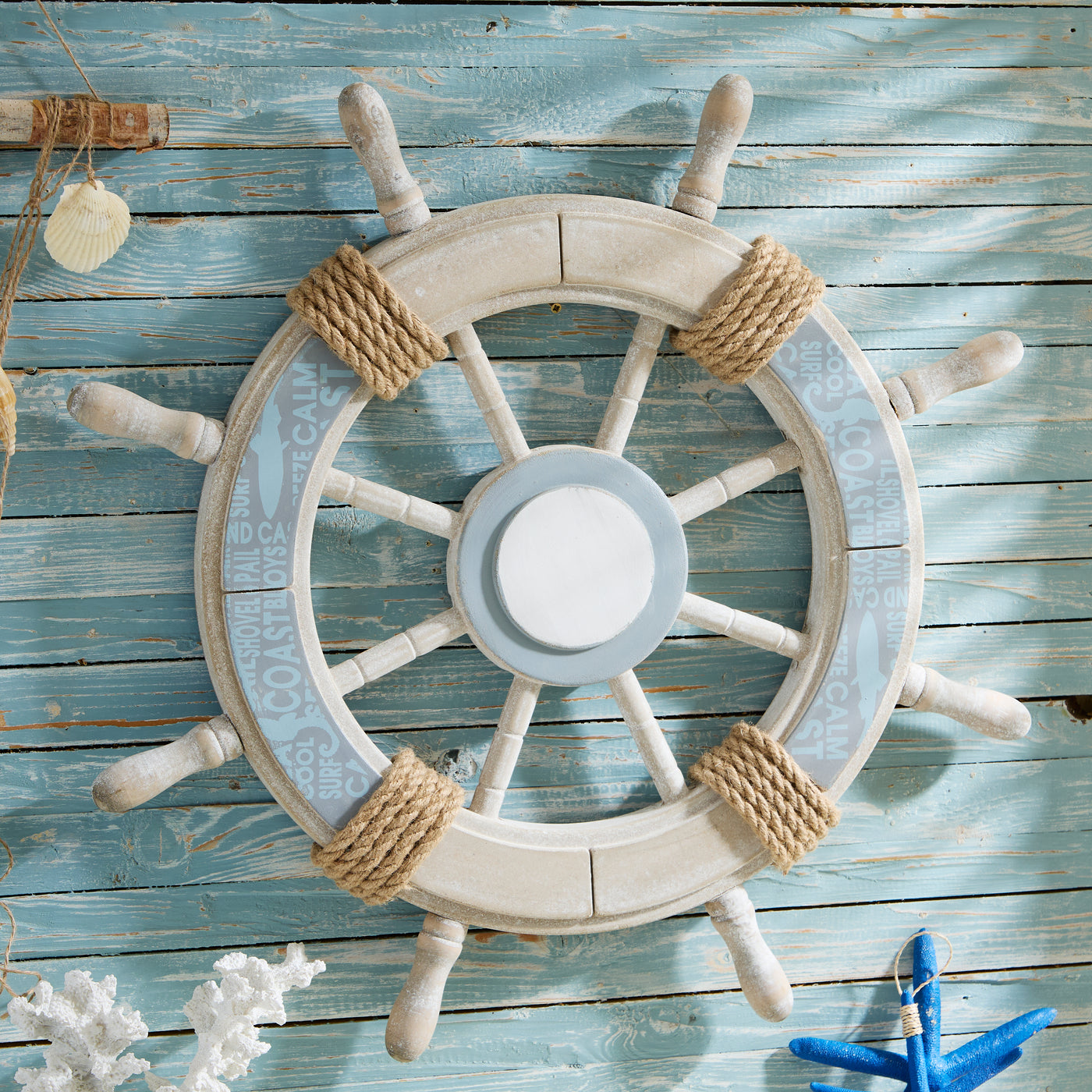 Large 61cm Nautical Ship Wheel Wall Decor – White & Blue with Rope Detailing