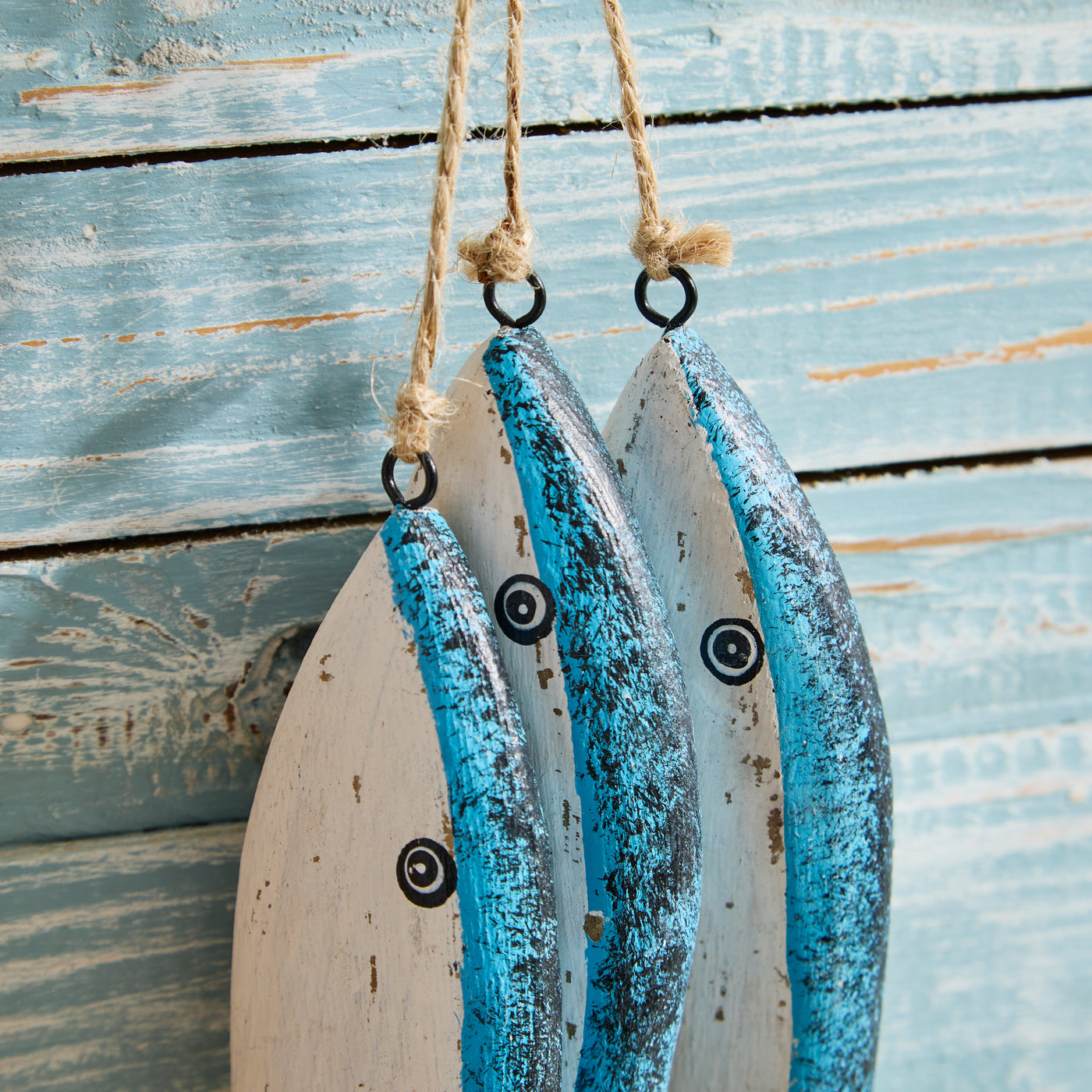 Hanging Trio of Wooden Fish – Nautical Coastal Wall Decoration
