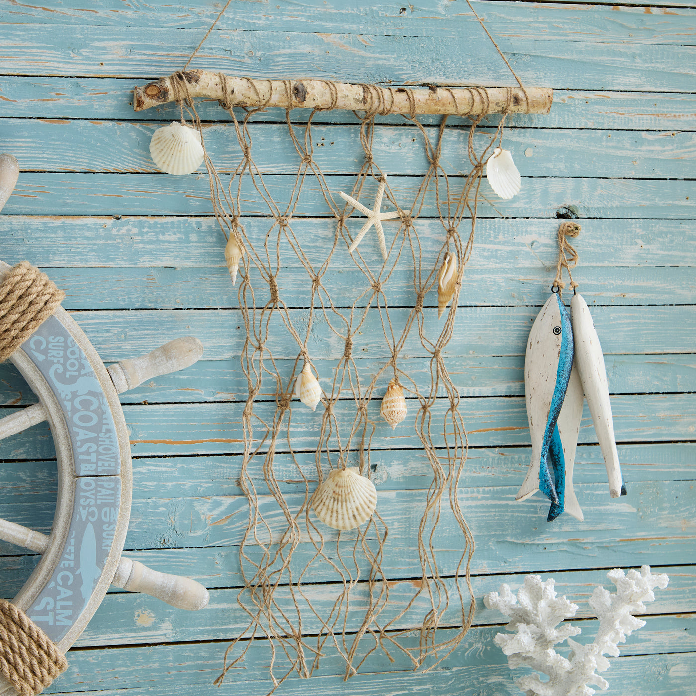 Hanging Driftwood & Shell Net Wall Decor – Nautical Wall Decor
