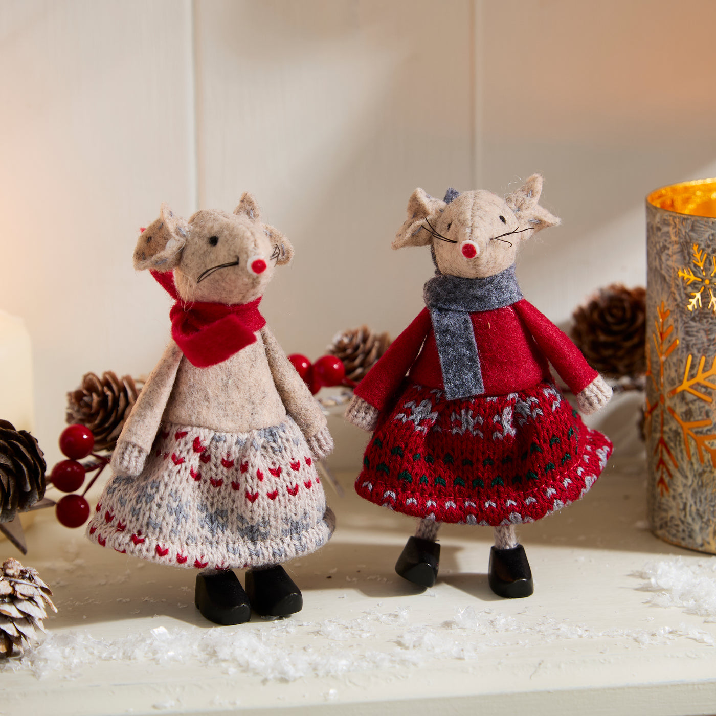 Set of 2 Christmas Mouse Decorations with Knitted Dresses and Scarves