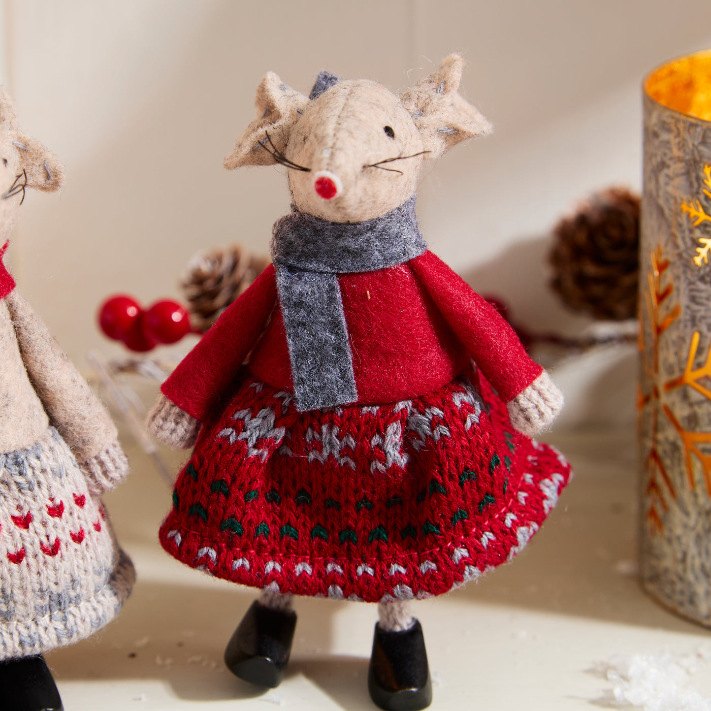 Set of 2 Christmas Mouse Decorations with Knitted Dresses and Scarves