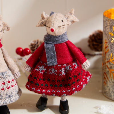 Set of 2 Christmas Mouse Decorations with Knitted Dresses and Scarves