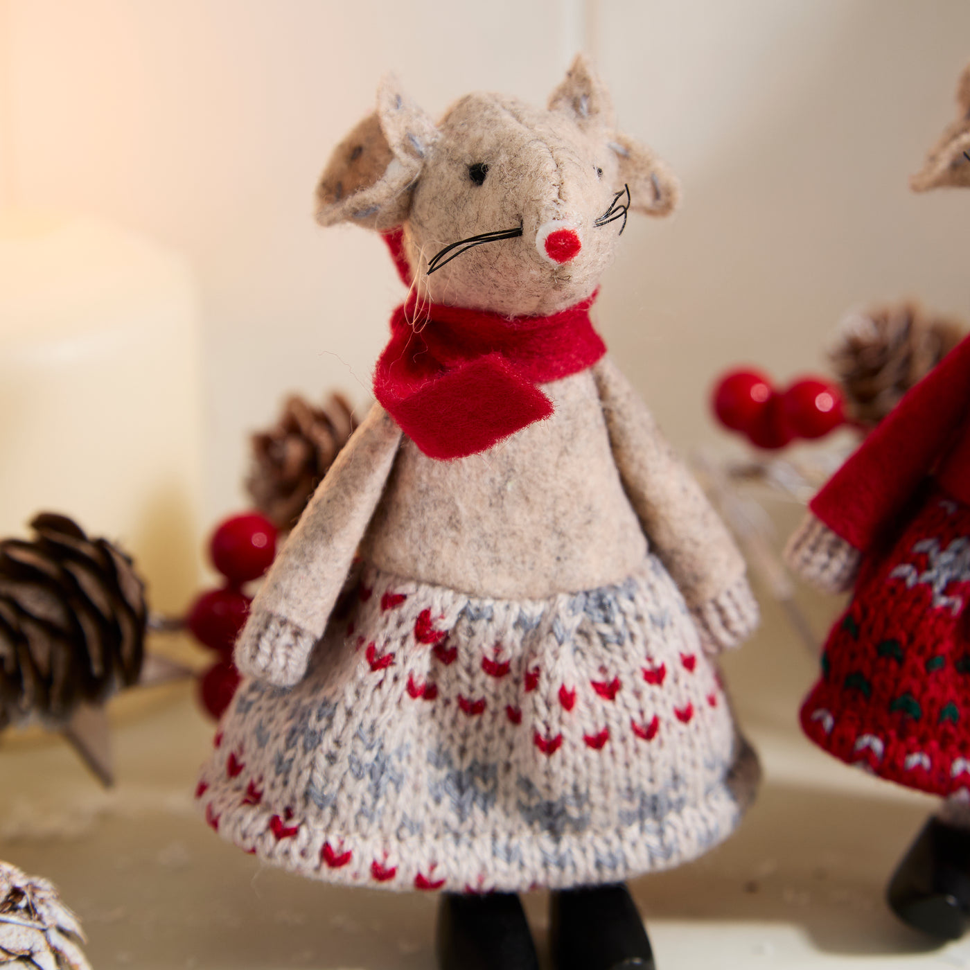 Set of 2 Christmas Mouse Decorations with Knitted Dresses and Scarves