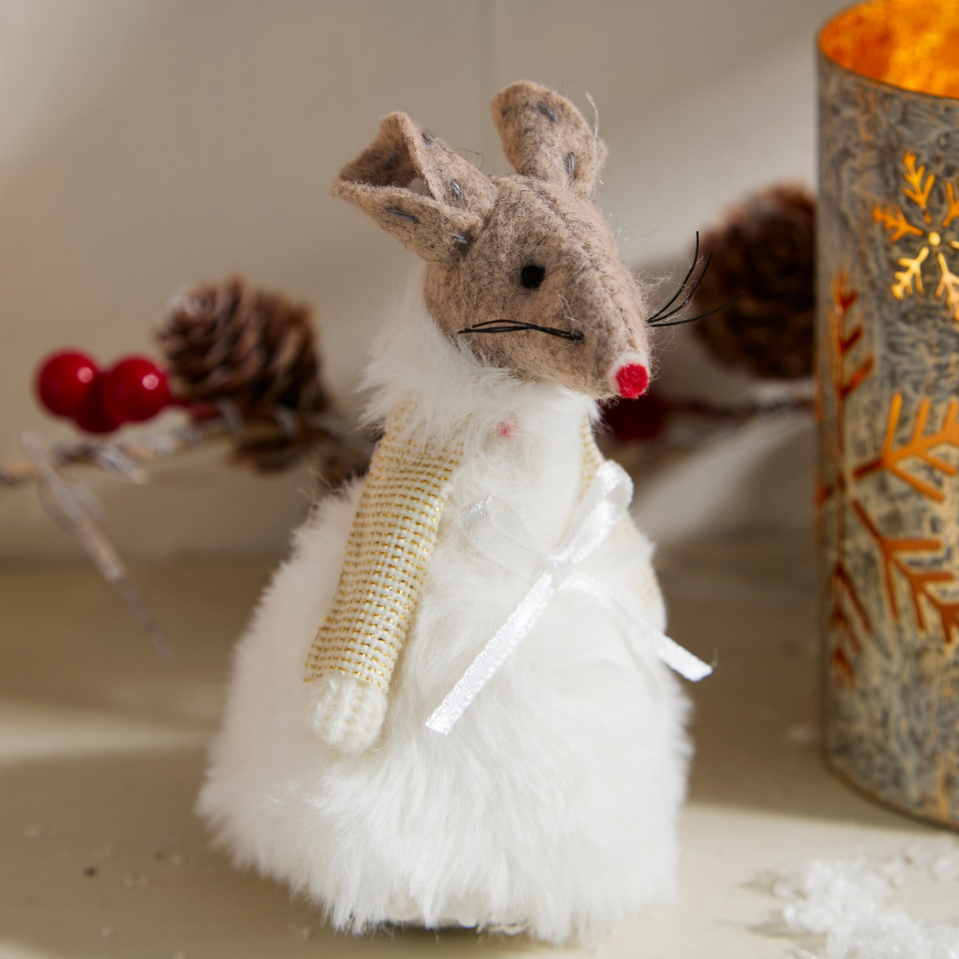 Christmas Mouse Shelf Sitter in White Fluffy Dress with Bow
