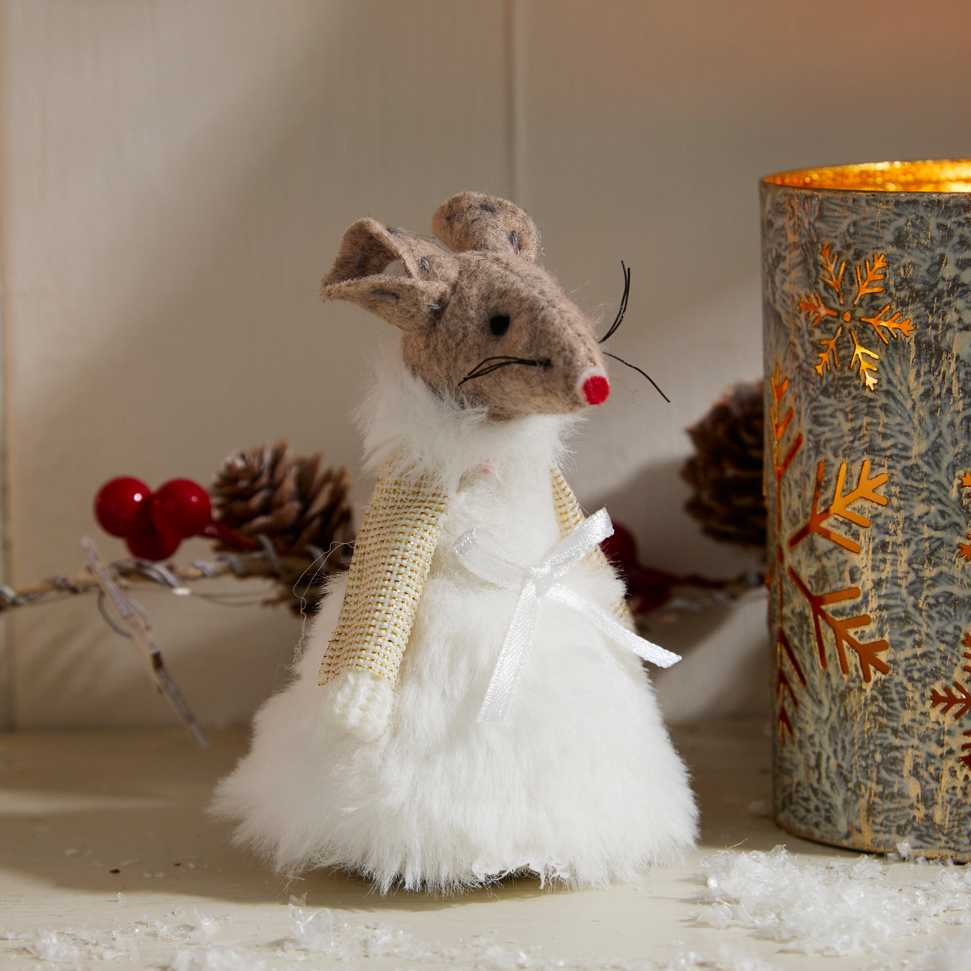 Christmas Mouse Shelf Sitter in White Fluffy Dress with Bow