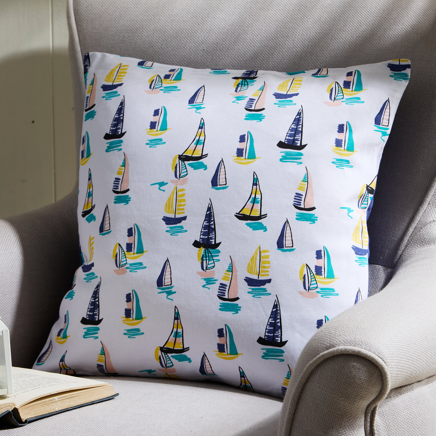 Sailing Boats Cushion – Nautical White Pillow with Colourful Yachts