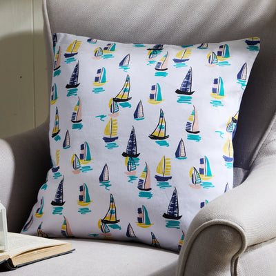 Sailing Boats Cushion – Nautical White Pillow with Colourful Yachts