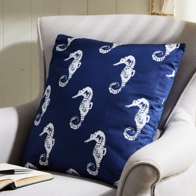 Navy Seahorse Cushion – Nautical Coastal Print Pillow