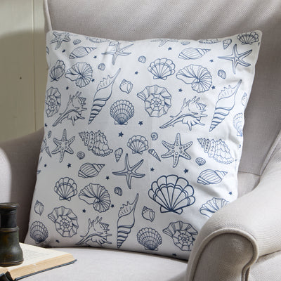 Seashell & Starfish Cushion – Nautical White Pillow with Marine Motif