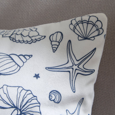 Seashell & Starfish Cushion – Nautical White Pillow with Marine Motif