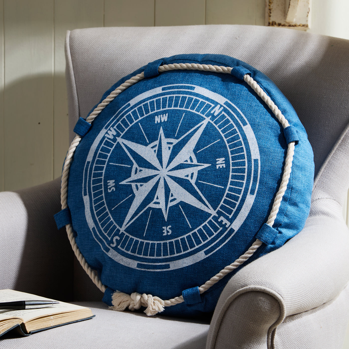 Round Nautical Compass Cushion – Blue Decorative Pillow with Rope Detail