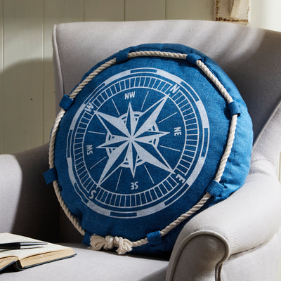 Round Nautical Compass Cushion – Blue Decorative Pillow with Rope Detail