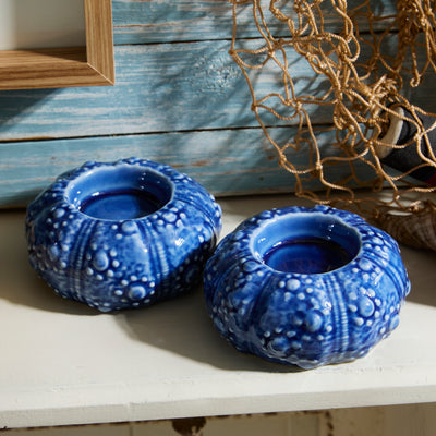Set of 2 Blue Ceramic Sea Urchin Tealight Holders